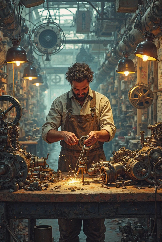 human man in a brown shirt and black pants working on a mechanical water cannon, style of jean baptiste monge, jean baptiste monge, elfpunk, inspired by Jean-Baptiste Monge, full color illustration, human artificer, steampunk concept art, by Todd Lockwood, steampunk art, cyberpunk mouse folk engineer