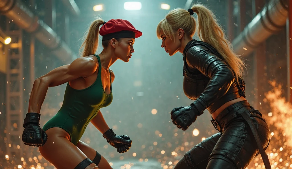 1 blond girl, 1 african american woman, white boxing gloves, black stockings, fighting pose, dynamic action scene, dramatic lighting, cinematic composition, high contrast, hyper detailed, 8k, photorealistic, masterpiece, chiaroscuro lighting, visceral, intense, powerful, dramatic