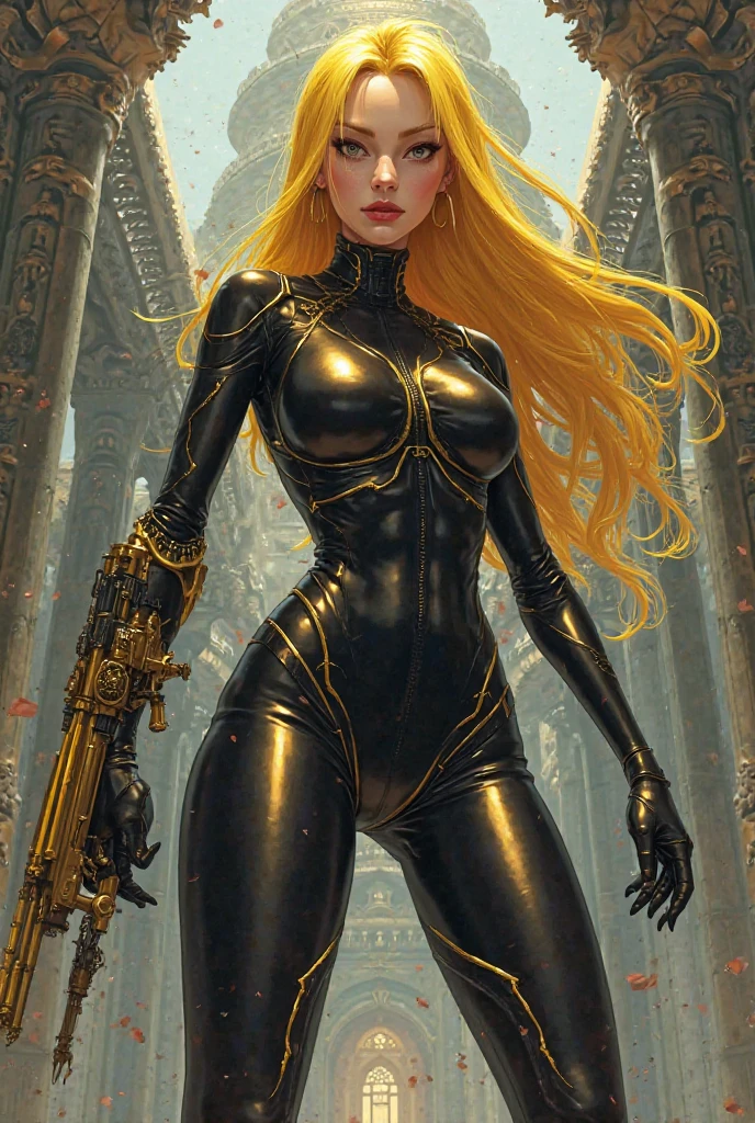 masterpiece, best quality, highres, ultra-detailed, looking at viewer, 1girl, solo, 1990s \(style\), retro artstyle, dressed in clothes with black and gold ornaments, slightly open chest, legs, armor with black and gold ornaments on her legs, long hair, blonde hair, <lora:add_detail:1.0>, <lora:FiveV1.5:0.9>