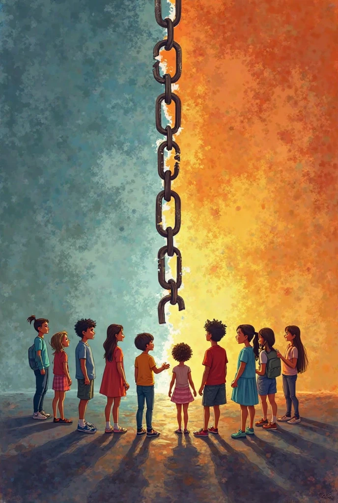  Broken chains forming into a diverse group of people standing united, signifying liberation from prejudice. Make it like a drawing and be creative 