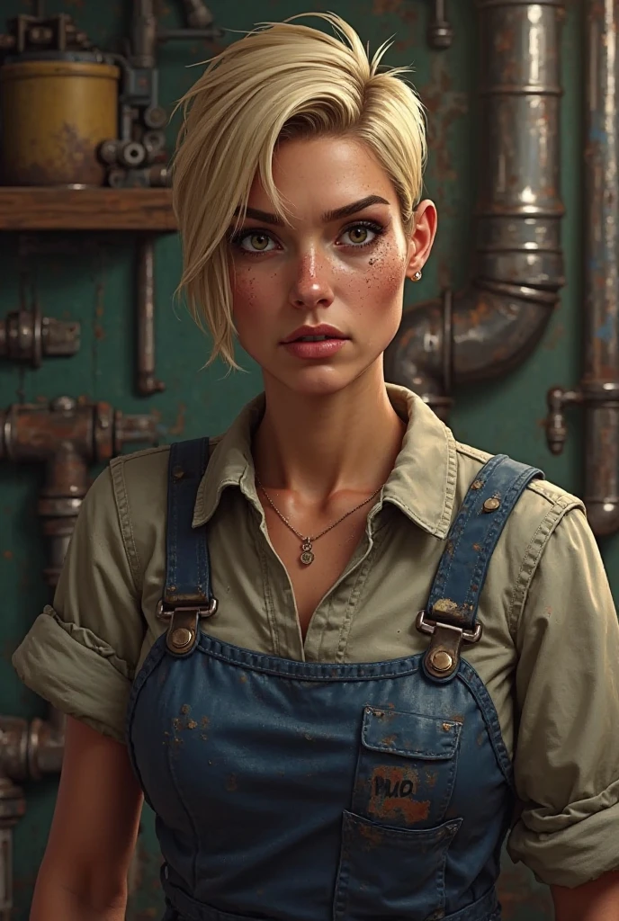 best photo from the exhibition, 35 mm, cell shading, bloom, dark and gloomy (full body:1.5) 8k , female teen , holds in his hands a combat shield that is not new, examines the shield, (blonde hair:1.3), best photo from the exhibition, 35 mm, stunning, highly detailed, 8k highly detailed face, perfect face shapes, full perfect lips, perfect nose, correct beautiful eyes, eyelashes, eyebrows, Blue yonder hair, at cluttered and messy shack , action shot, tattered torn shirt, porcelain cracked skin, skin pores, detailed intricate iris, very dark lighting, heavy shadows, detailed, detailed face, (vibrant, dramatic, dark, sharp focus, 8k),( background forge:1.3), forge, (smoldering coals:1.1),( more weapons:1.1), (armor scattered:1.1),