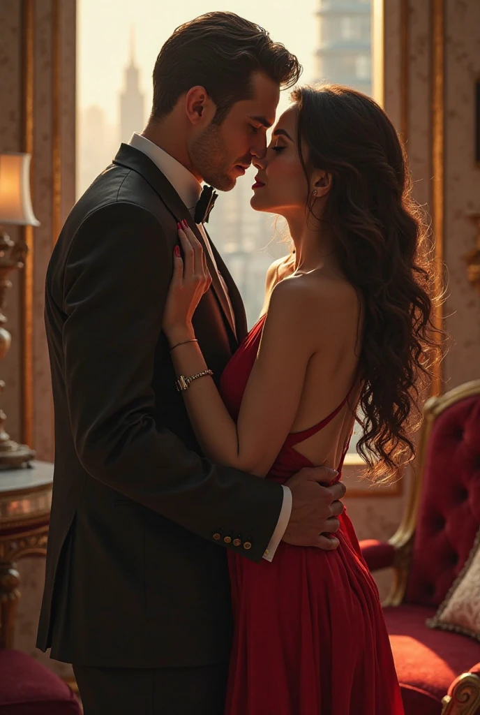 Woman in red dress and man in suit realistic two people talking a man and a woman whispering