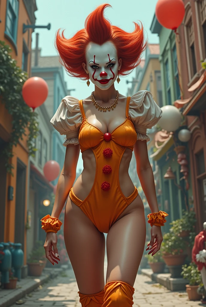 A full body photo shows a woman, harlequin hat, clown makeup, red clown nose, blue eyes, muscular body, clown,🤡,small shoulder, slim waist, wide hips, thick legs wearing a colorful top and red panties, back view