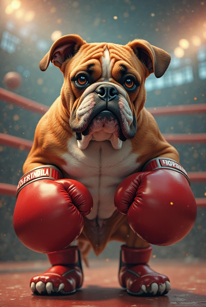 Make a bulldog as a boxer wereing black gloves and wereing short in boxing ring 