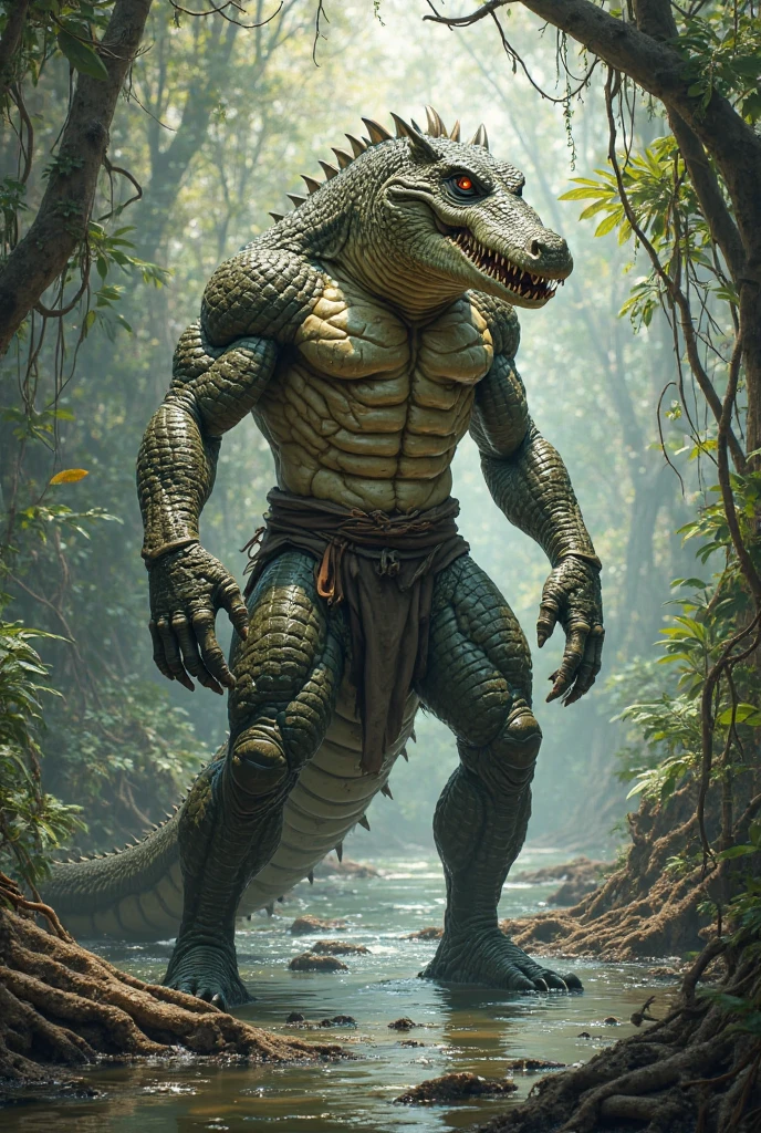 sweat drops,photography,(cool posing:1.1025),smooth skin,ultra realism shading,anthro,green,female gator,photorealistic,nude,suggestive,(rembrandt:1.1025),huge pecs,tribal,warrior,biceps,(loincloth:1.05),tiny small waist,slim hunk,nsfw,in a swamp,white belly,tail,