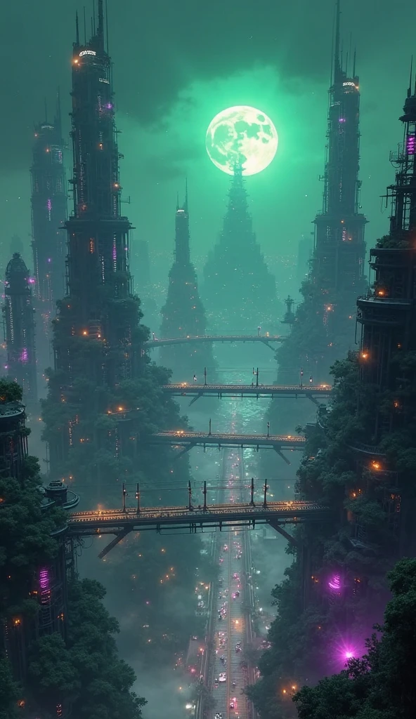 "Would you like me to confirm the generation of an image of a metropolis at night, viewed from a drone? Imagine an aerial shot of a futuristic city bathed in green and purple neon, with towering structures connected by glowing skybridges, a full moon rising behind a central spire, and a faint mist adding mystery to the streets below."