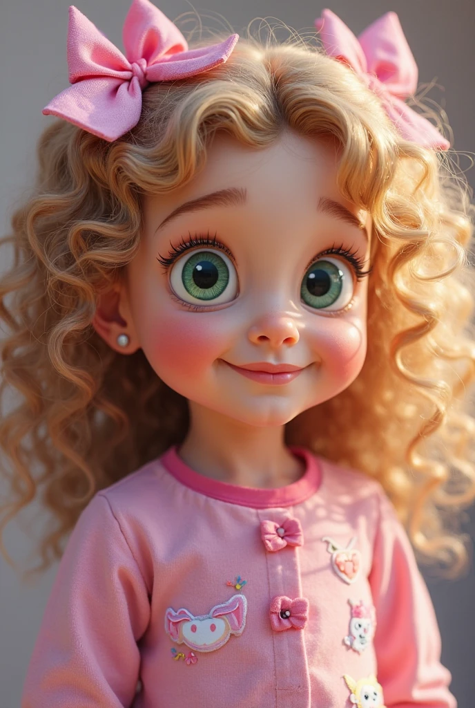 baby with curly blonde hair, eyes browns, big eyelashes, rosy cheeks, blue butterfly dress, with a big blue bow on her head, great smile, blue and pink sandals, smelling a flower 3D Avatar