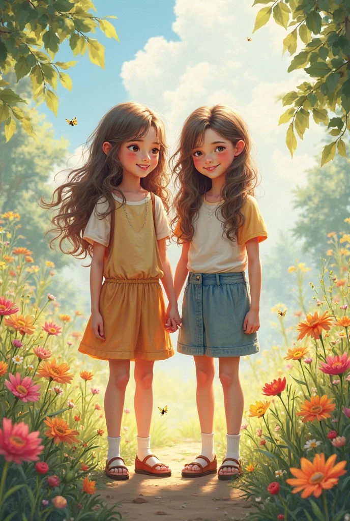 two little girls in blue dresses holding a yellow flower in a field, scene : sunflowers field, scene: sunflowers field, bright and sunny day, On a sunny day, Sunny day, on a bright day, Full body:: Sunny weather::, Children, Photo taken with Nikon D750, Photo shot with Nikon D 7 5 0 face realism