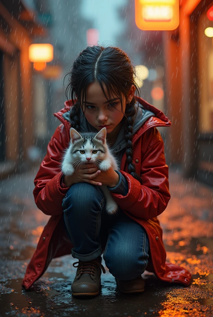 a crying kitten alone under the rain,evokes deep emotions,hyperrealistic,detailed realistic kitten,detailed eyes and face,dramatic lighting,moody atmosphere,cinematic composition,somber colors,depth of field,award winning photography