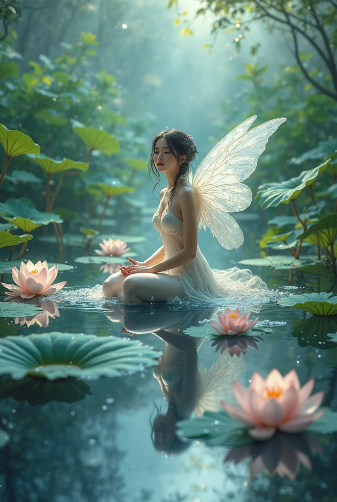 This image is a fantastical and ethereal artwork featuring a person amidst oversized, glowing lotus flowers in a magical forest setting. The atmosphere is mystical, illuminated by the soft glow of the flowers.
The image has an overall purple and blue color scheme, giving it a magical and otherworldly feel.
A person with obscured features is standing in water surrounded by oversized glowing lotus flowers.
The person is wearing a flowing white dress that contrasts with the darker tones of the surroundings.
A large fish with translucent fins swims near the person, adding to the fantastical nature of the scene.
The forest around them is dense with various plants and trees, all illuminated by an unseen light source.
Reflections of the lotus flowers and their glow are visible on the surface of the water.