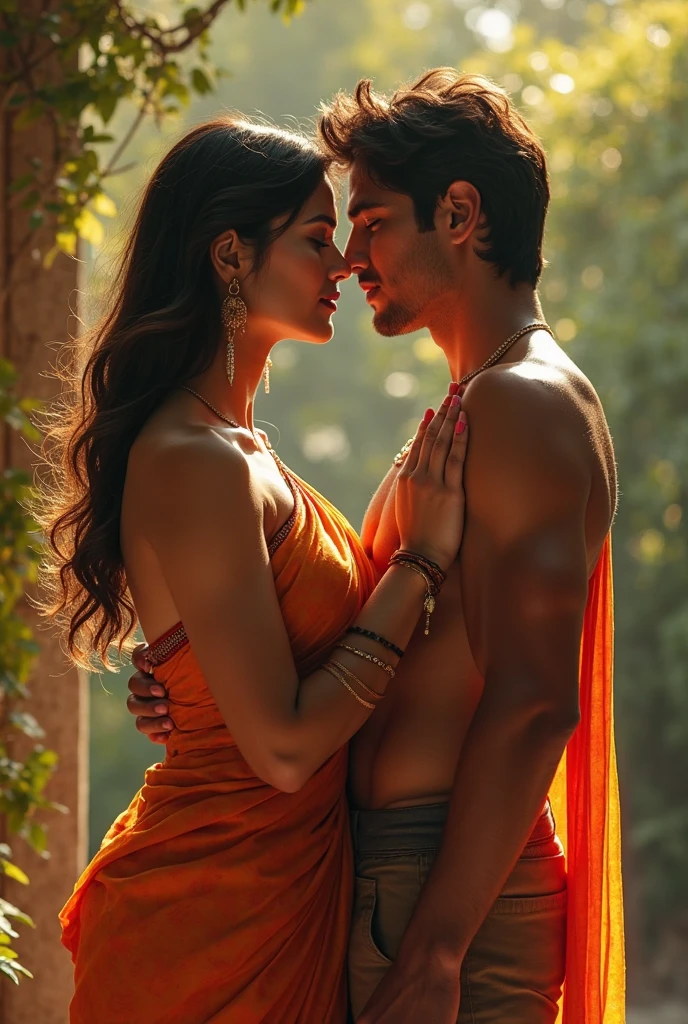 girlfriend wearing saree is standing on the six pack abs abdomen