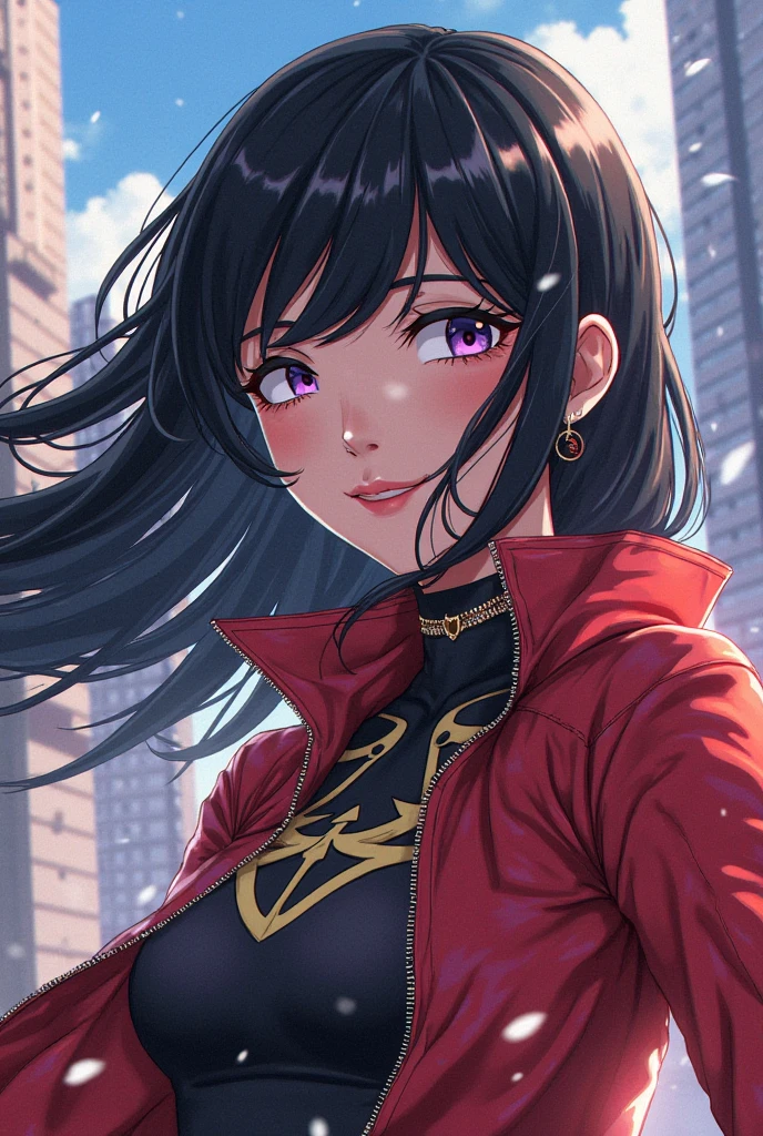 obra maestra,mejor calidad,1 chica,mujer madura,misato katsuragi,cabello negro brillo azul, gafas de sol,,frontal,collar con una cruz,bikini rojo ,chaqueta roja, de pie,mano en la cintura,grave,contra la pared,pared de concreto,(adentro:1.2),