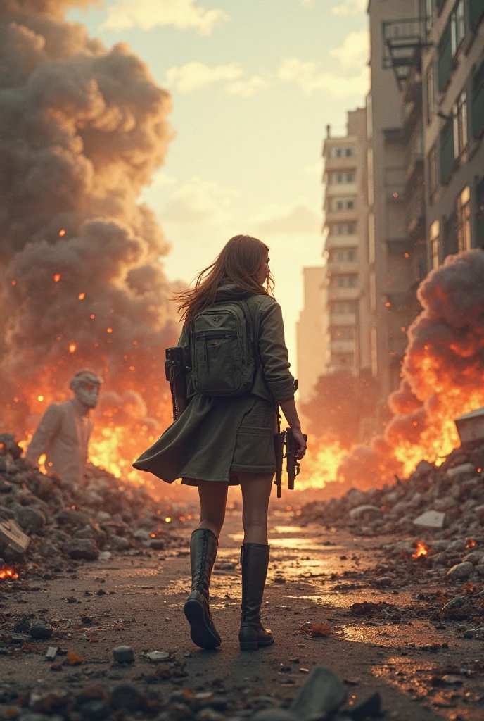 (a girl standing in a war zone),oil painting,debris,rubble and destruction,explosions,military equipment,fog of war,smoke and fire,crumbling buildings,devastation,best quality,ultra-detailed,realistic,desaturated colors,dramatic lighting