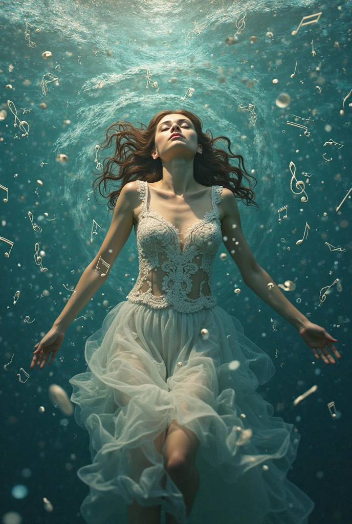 an aesthetically-pleasing underwater photo representing a singer's impassioned performance, atmospheric, charged, soul-baring, 8k uhd, ultra-sharp focus, , Marine life, marine environment, clear water, aquatic