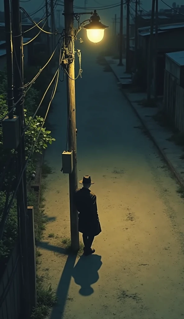 Sazae-san style 、The shadow of a detective breaking in under the street lamp of a Showa telephone pole is reflected on the dirt road、The detective is leaning against a telephone pole、 composition from above