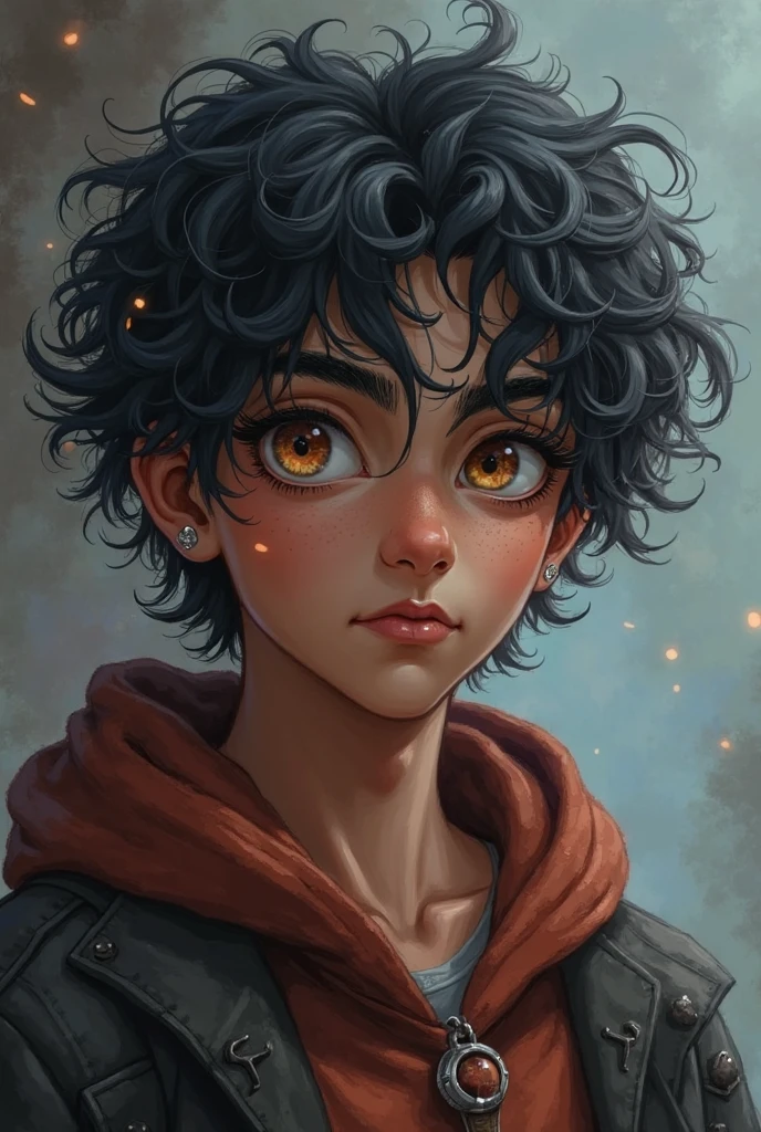 Black hair, red eyes, college student, curly hair