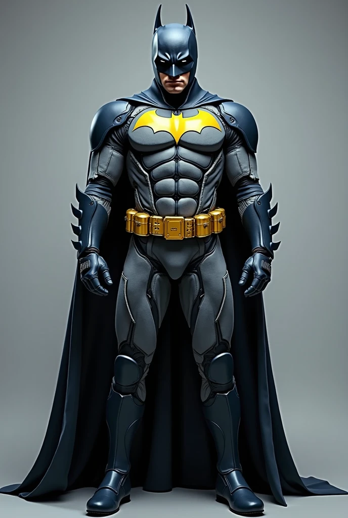 Batman in all black rubber suit with the yellow ovel on the chest with the black bat logo in front and a black utility belt and black boots and black leather cape Make the oval more circle like and fake nipple