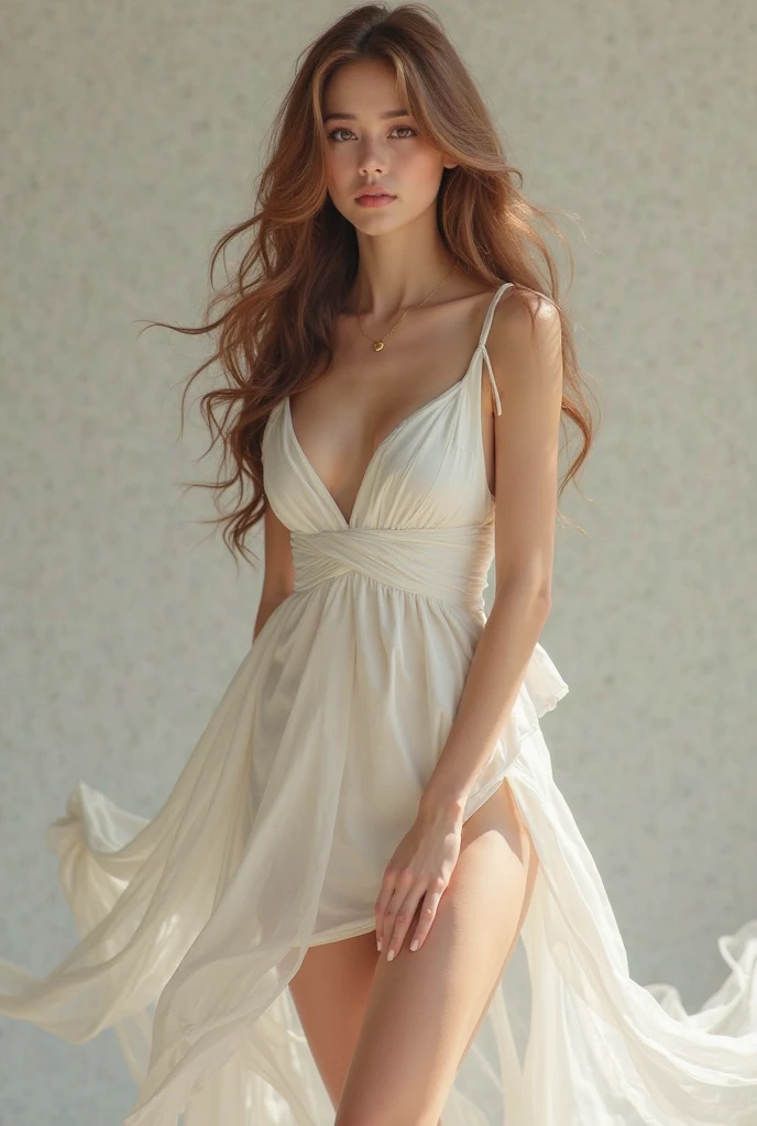 (photorealism:1.2),25 year old girl with big boobs dressed in white dress, brown hair and blue eyes