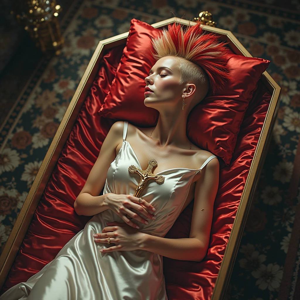 A female 30 years old Vampire, silver hair, vampire teeth, laying in a red silk lined coffin in a crypt, there re lit candles, she is wearing a low cut white silk dress with blood on it,
