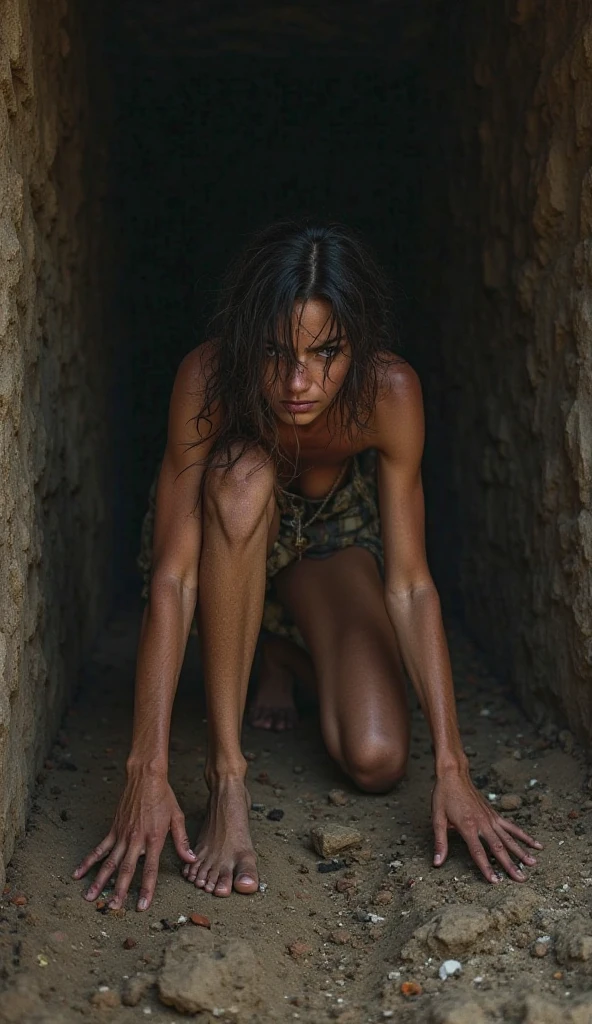 photo of julia roberts and katie holmes merged to a totally naked young age girl, nude slave, on all fours, tied in a cage, a big iron chain around her neck, messy hair, looking extremely wild