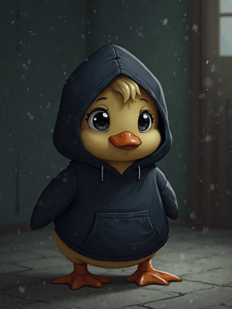  duck with black hoodie in dark room anime style