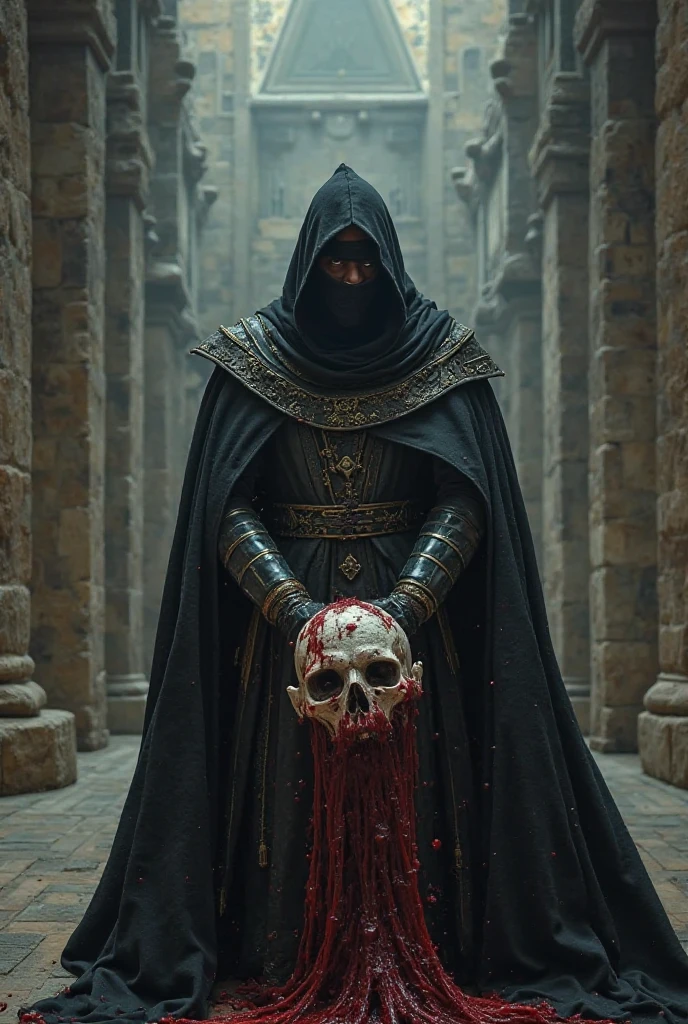 Image of a group of people and a man holding a skull, Evil Mastermind, Grandmaster, Key Art, Blood, Blood; Dark movie lighting, Loading Screen, Remake, Old Master, Bloodthirsty, Shocking fantasy horror, Superb digital art, Bloodlust, Blood temple, 8k high quality detailed art, masterpiece, CG Art