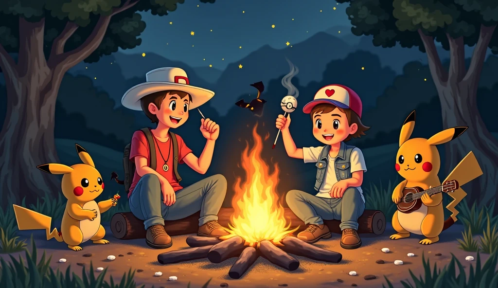This image has to be in anime. A boy, a young Warrior, is lying on a grass field. The boy is half-naked, wearing only underwear, with a Green slime boy sitting on top of him. The young Knight has his arms and legs trapped by the slime. Where they are, there is a camping tent. There is a log. There is a backpack with the boy's sword. They are also in a beautiful forest at night. There is a lake with ducks swimming and a campfire near the tent.