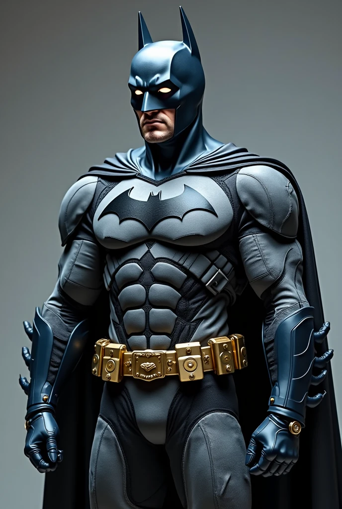 Batman wearing a simple cotton fabric, padded bodysuit with detailed stitching seams. Appropriate for the clothing style of 1939. Black trunks over bodysuit. Purple gloves. Round gold belt buckle. Simple bat symbol on chest without ears: Photo realistic. 1939