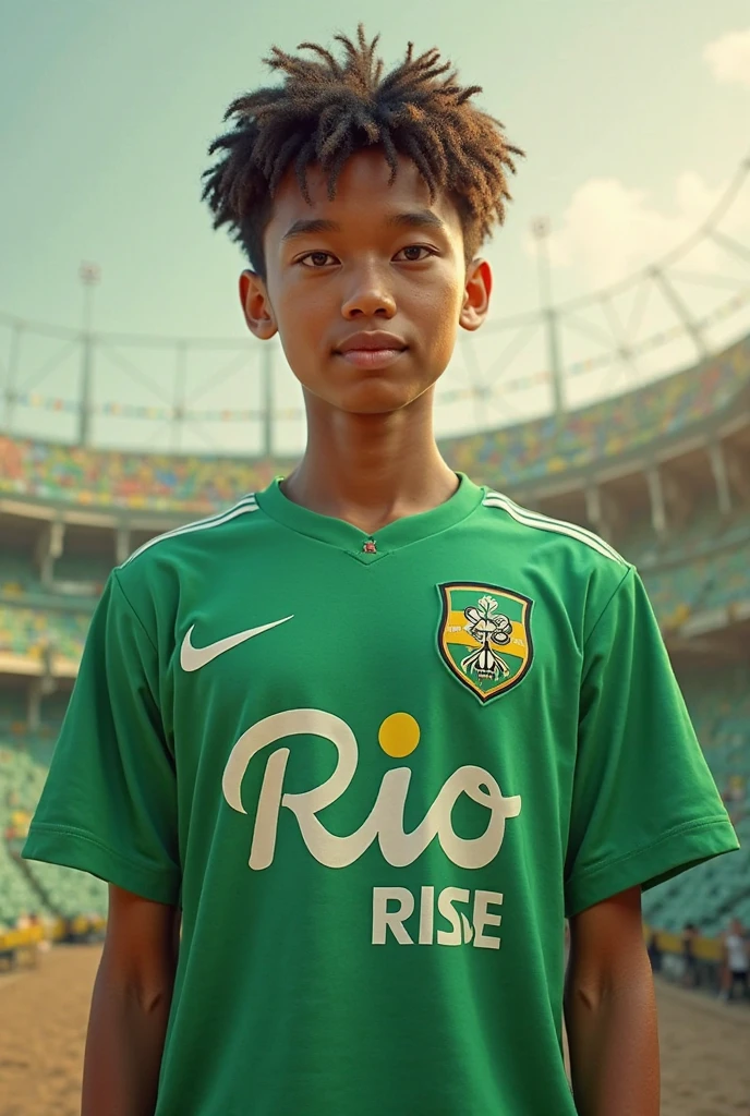 Um filme inspirado na Disney Pixar, um  de 9 anos, branco, olhos verdes, labios grossos, cabelos castanhos claros curtos, sobrancelhas claras, nariz pequeno, magro, playing football with Palmeiras shirt in a football stadium