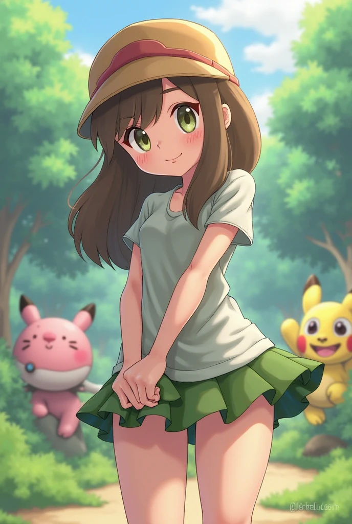 masterpiece, best quality, highres, 1girl, solo, dawn (pokemon), pink scarf, black shirt, pink skirt, hat, outdoors, bare shoulders, smile, (looking down at feet), blushing, (flip-flops), (foot focus), five toes, sitting down, hugging knees, hugging legs, sitting down on grass,