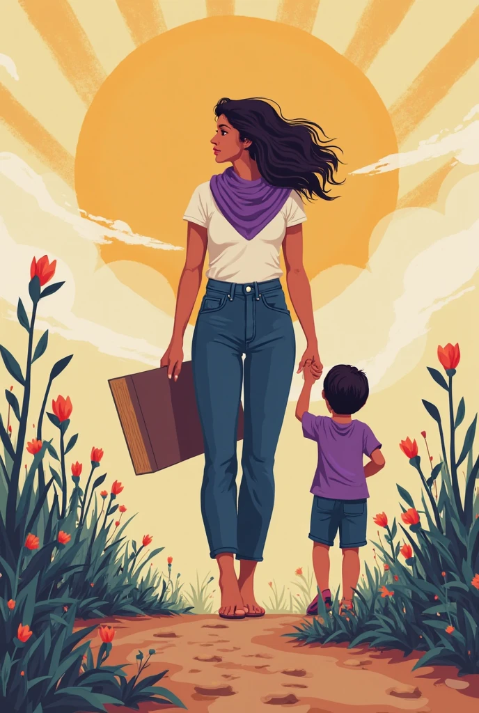 drawing of an elegant model woman in heels, dark-skinned with long, straight black hair, holding the hand of a male child of approximately , walking towards a beautiful path with a pink background and seeing her from behind