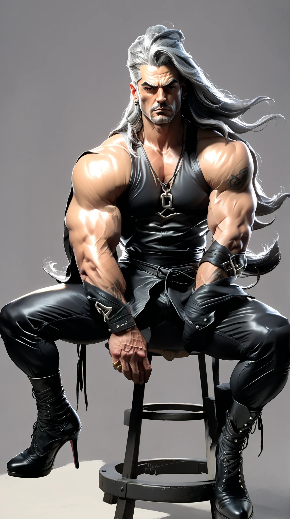 Full body image of a 17-year-old young man with dark skin, with 1,90 m tall and the power to control chains an athletic body. Ele tem cabelos blackws cacheados de dreads brancos e uma faixa turbante de baixo do cabelo, olhos blackws brilhantes. Your skin is black and black, blackw. camisa regata branca com blackw e um casaco por cima blackw com detalhes em branco e com um capuz, black pants with white seams at the knee, with chains, stylish black military boots full of belts and chains,