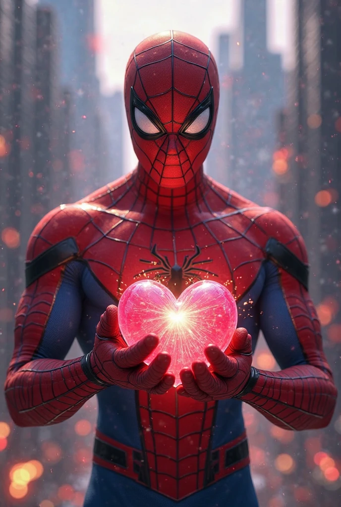 Spiderman with his head down looking at his hands where he has a bleeding heart where he is swemtqdeobql on the edge of a skyscraper 
