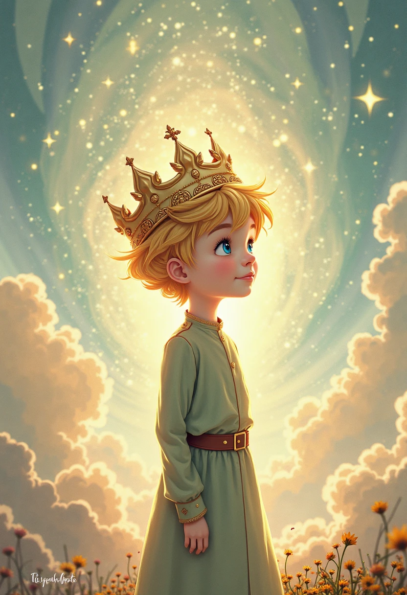 Create a drawing of a little prince child with the crown slipping