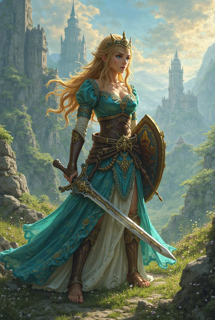 Close-up of a woman holding a sword in the field, full body, ginger sword, war blade weapon, shiny sword, wielding sword, fantasy blade, beautiful sword, huge super large sword, holding fantasy sword, fantasy sword, fantasy sword, warrior sword, ghost blade style, holding a giant sword, wielding a magic sword, holding a giant sword, shining sword, 2K