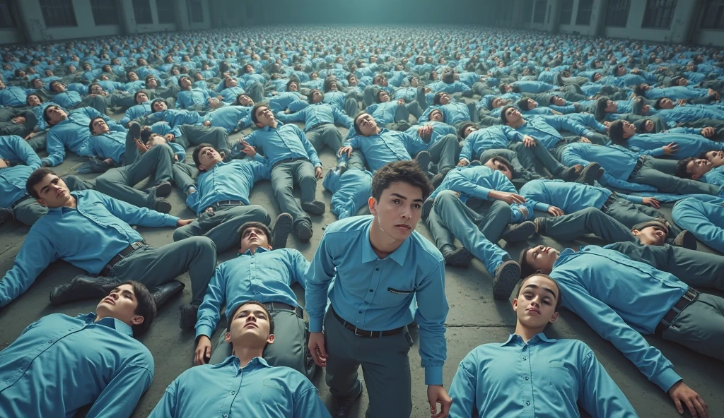 Young men in white underwear in a large warehouse being examined by a medical board for military enlistment.