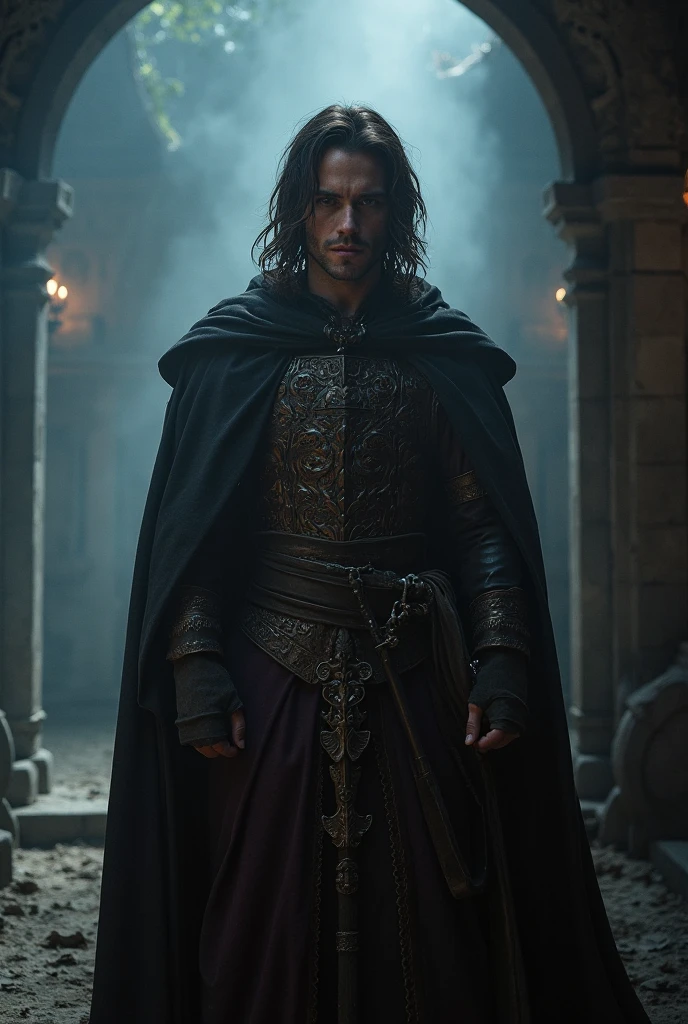 Desenhe o ator Keanu Reeves como um necromante de Dungeons e Dragons, With a malicious smile, wearing a dark blue cloak, surrounded by zombies half-naked women, medieval style inside a dark and dirty dungeon. torches lighting.