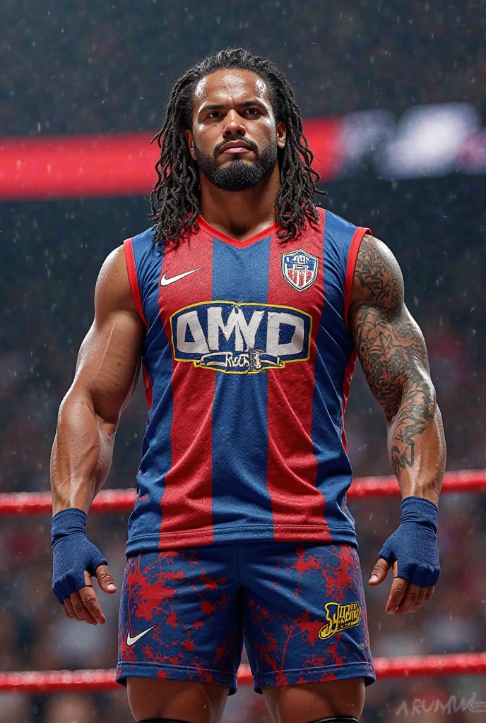 A guy with black medium hair with layers, tan skin color, and looking straight and generate the image from head to hips and make him look like bruno mars from the please me video and make him stand and make him cross his arms and make him look focused and make the image like a wwe 2k24 wrestler png and make him wear something similar to rhea ripley’s gear like all the purple stuff and her logos things like that