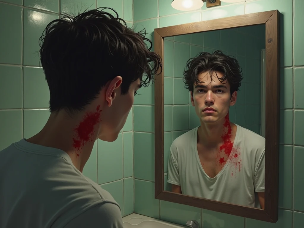 Lucifer lean body young in bathroom brushing my teeth in bathroom looking at myself in mirror as i cry in pain as my back has scars red blood scars.