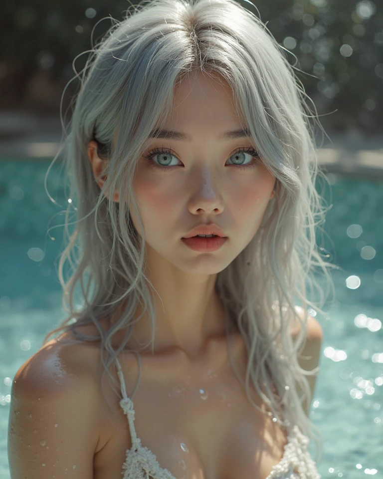 "(pool、Wet hair and messy hair、Beauty half out of the water、Shocked facial expressions,The mouth rises slightly)(Gray-blue hair:1.3),(A lot of hair:1.3),(detailed hairs:1.2),red eyes