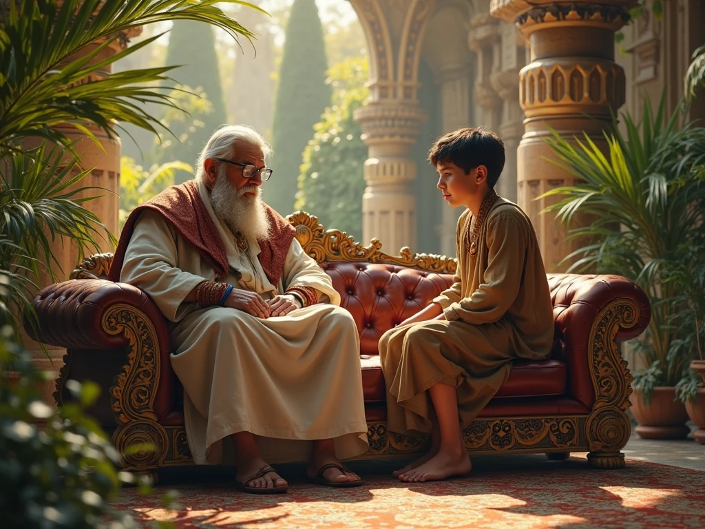 "The young man speaking earnestly to the king in the jungle, explaining how six things make a person weak and how karma, age, wealth, knowledge, and fame are written at birth. The king listens thoughtfully, showing signs of being deeply affected by the conversation."