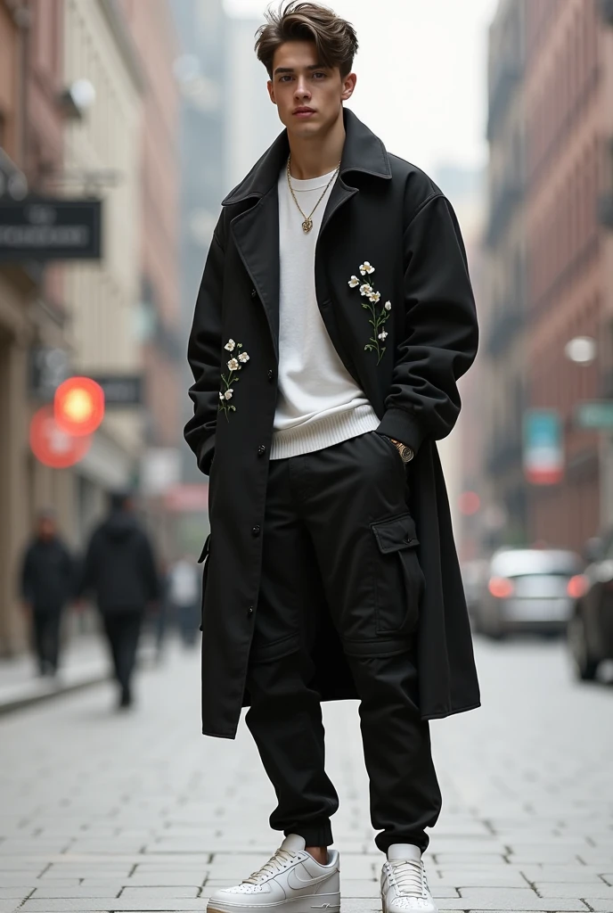 The white boy in the black coat with white flower details, a black cargo pants and a white Air Force sneaker.