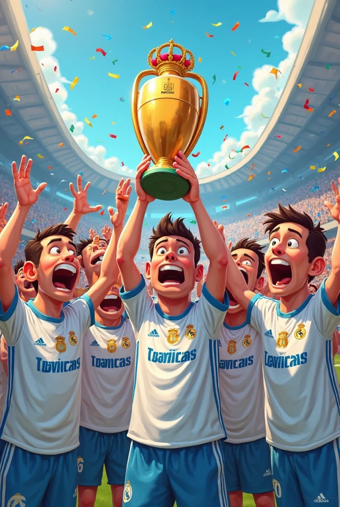 An image with the Real Madrid shirt with the Champions Cup with the number 7 on the back, girl and boy called Irel and Yoni, anime version 

