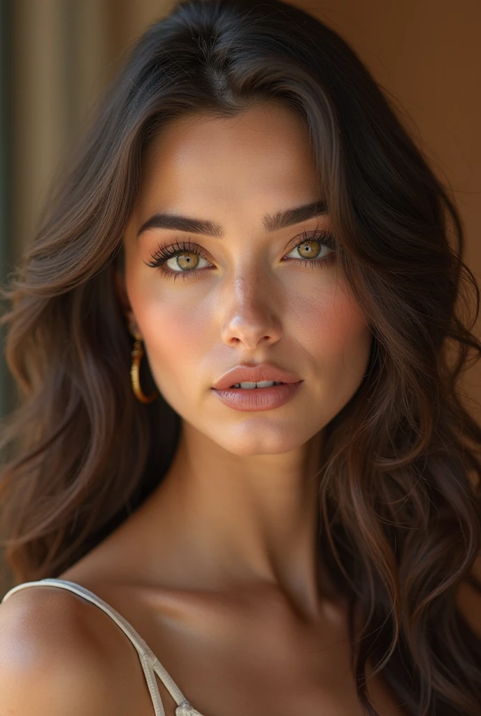 arafed woman fully , with brown eyes, ultra realistic, meticulously detailed, portrait sophie mudd, brown hair and large eyes, selfie of a young woman, dubai eyes, violet myers, without makeup, natural makeup, looking directly at the camera, face with artgram, subtle makeup, stunning full body on balcony, cleavage, pushup, medium to large size bust