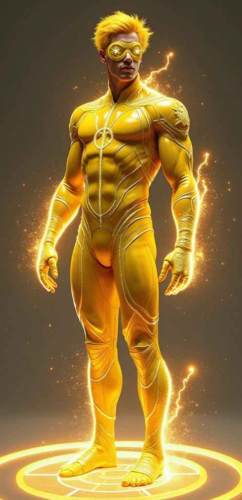 Quarter body photorealistic shots handsome hunky fractal masculine titans red haired Lightning lad.. wearing an indigo quartz and yellow citrine transparent crystal chrome glass super suit , look at camera, detailed face parts,, studio as background, Freestyle Pose, Happy Expression, perfect anatomy, symmetric body,, 18 years old, :: high detail, a lean athletic body, realistic, human skin, extremely detailed fingers, chad chin,, masculine, human skin, (eyes contact), gorgeous, Attractive. super bulges in action