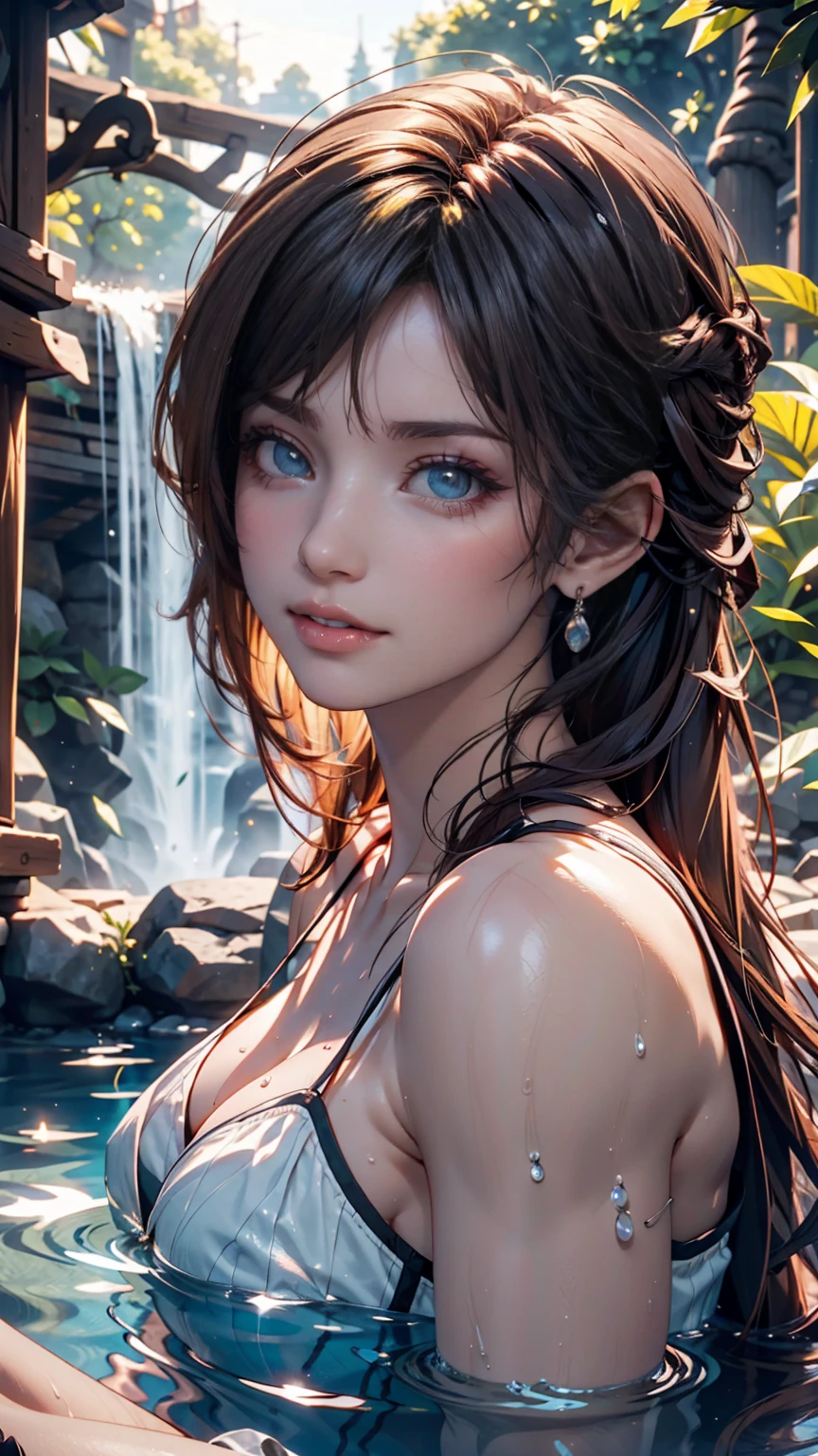 Night view, Close-up photo of Danelia Tuleshova, Small Breasts, Bathe near the waterfall, The body is soaked in water, Skinny cheeks, Wet hair, cheer up, Tempting face, No, Stone, Purified water, Cleavage Show, Water on the body, Realistic pores on the body, Look up at the sky and smile, Black ponytail, (blue eyes: 0.8), Beautiful adult face, 40s, Soft volumetric light, (Backlight: 1.3), (Movie: 1.3), Intricate details, (art station: 1.