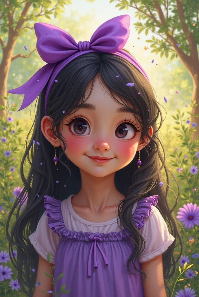 Drawing style children's illustration,Uma menina, 6 anos, pele parda, cabelos encaracolados, castanhos,olhos expressivos e alegres , feliz, fofa , sorridente,Funny, is in a magical forest , vestido roxo , qualidade perfeita, foco claro