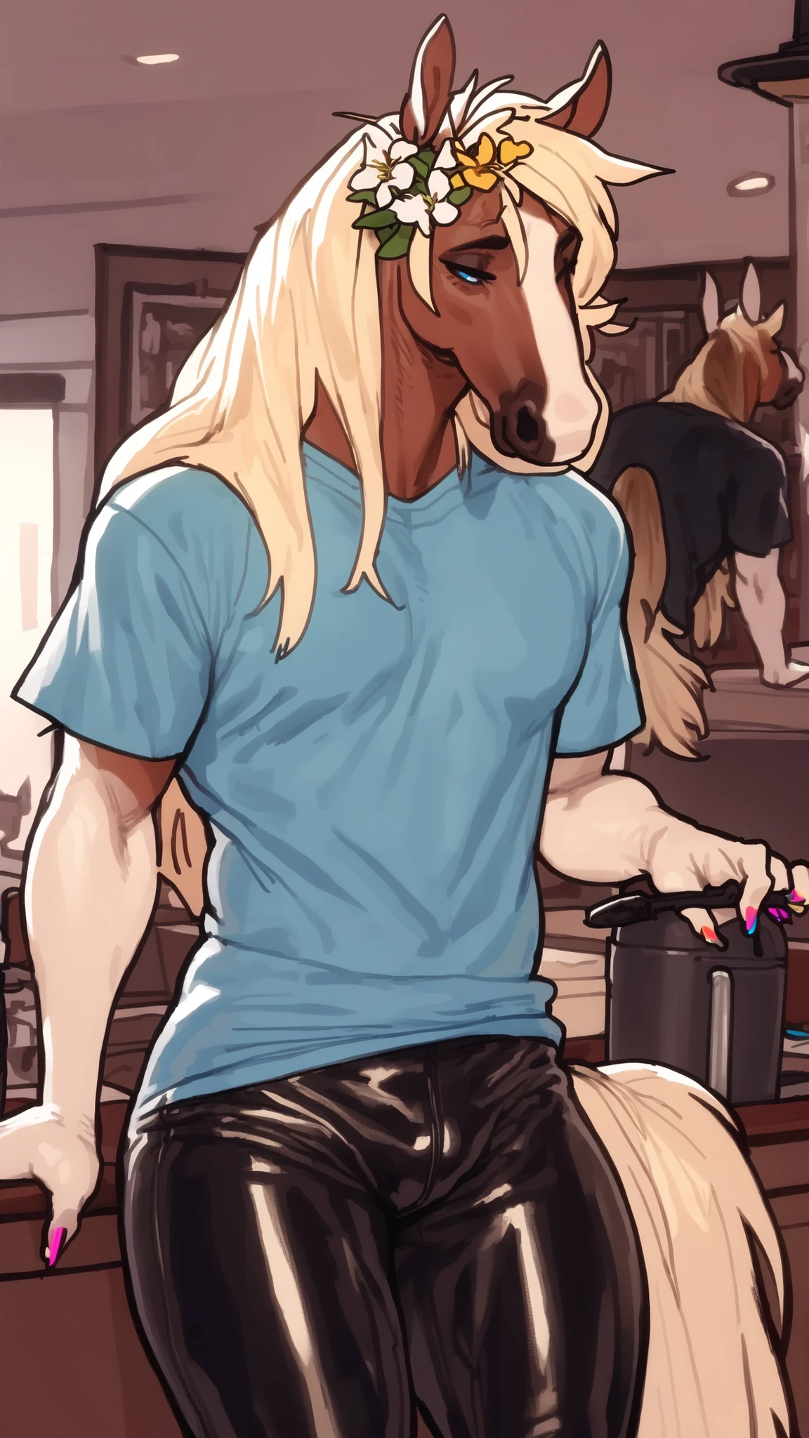 lean white horse, white fur, short, full body, ((big horse head, skinny body, lean body, narrow shoulders, thin body):1.3), masculine face, masterpiece, blue eyes, ((shiny elegant bleached blond hair with some flowers in the hair, long hair):1.1), masculine face, masculine attitude, hairy pectorals, solo, great lighting, by bebebebe, by ZIXiong, by zackary911, by SligarTheTiger, by RED8EAN, soft colors, white outline, ((oversized t-shirt, tight leather trousers, colorful nails):1.1), solo, very detailed face, very detailed face, detailed face expression, , working as a hairdresser, in a hair salon, extravagant, queer, ((very detailed clothes, very detailed body texture):1.2),