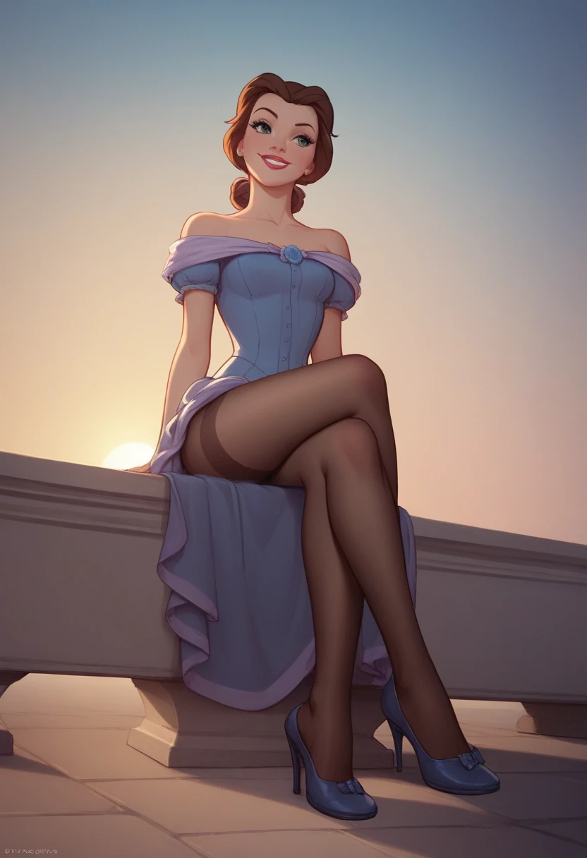 Belle, very tiny miniskirt, tan shiny pantyhose, high heels, sun shiny day