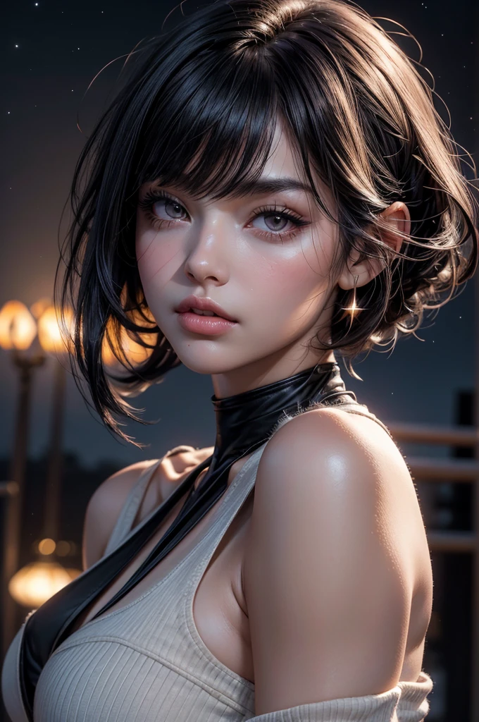 beautiful woman, short hair, beautiful face, piercing gaze and a sharp jawline, she shows off her upper body, The portrait is taken in a dimly lit room, with neon lights casting an otherworldly glow on her perfect face and shimmering piercings. Her short bob is messy but intentional, adding an edgy touch to her polished appearance. The focus is on her upper body, in bikini,, green theme